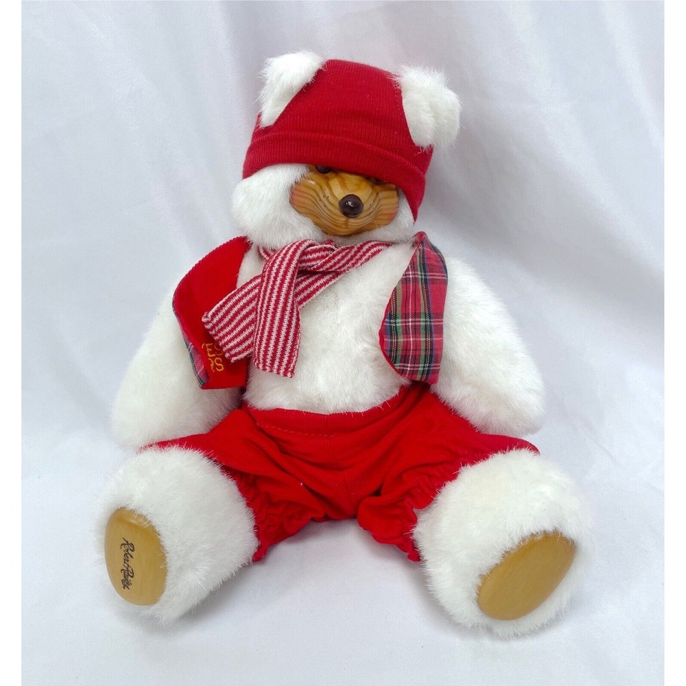 Robert Raikes Wooden Face White Bear‎ Christmas Holiday Red Hat Bell